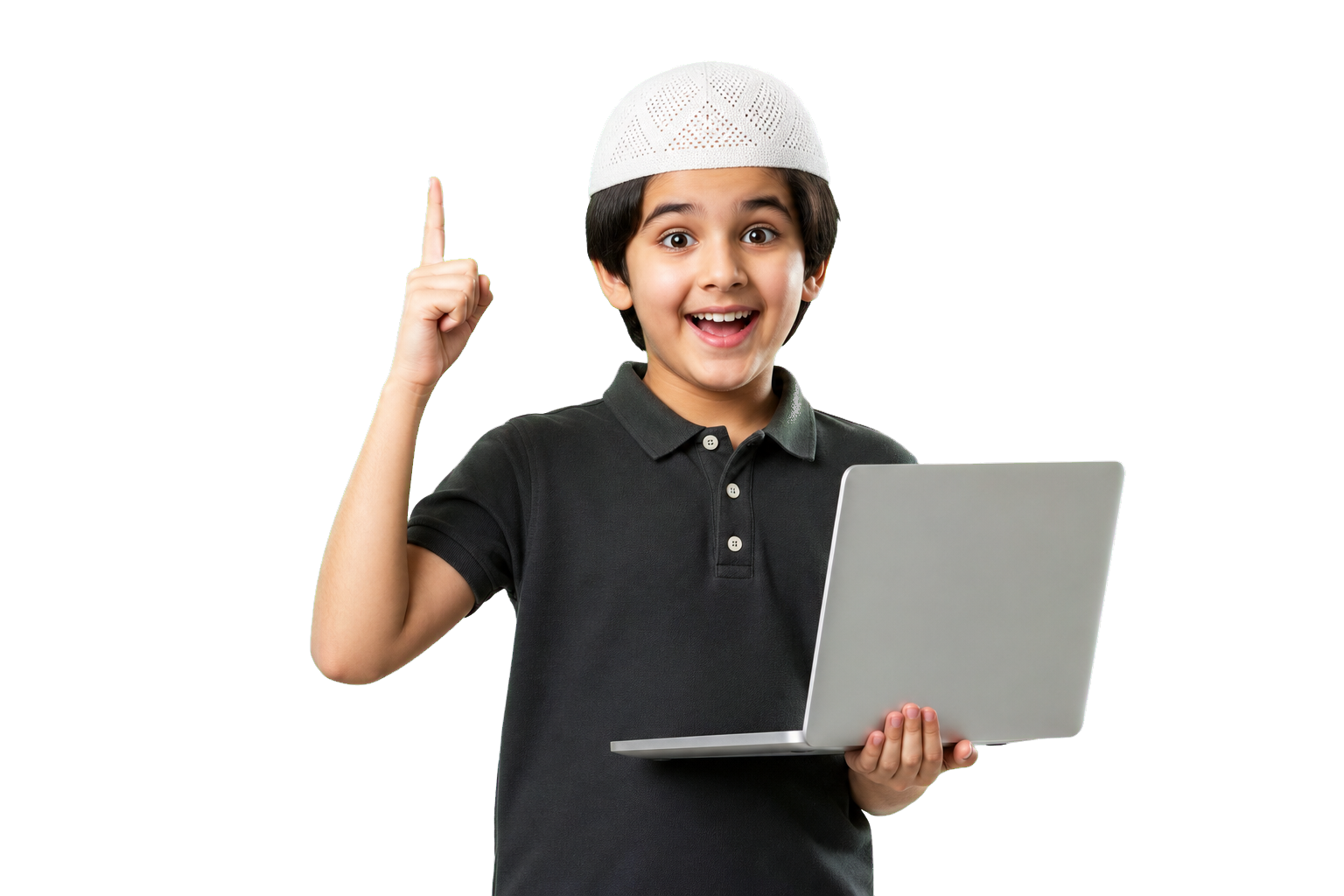Child student holding laptop and pointing upward